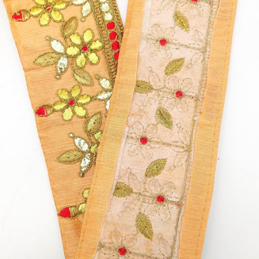 Orange Art Silk Fabric Trim, Red & Gold Floral Embroidery Gota Patti Indian Sari Border Trim By Yard Decorative Trim Craft Lace